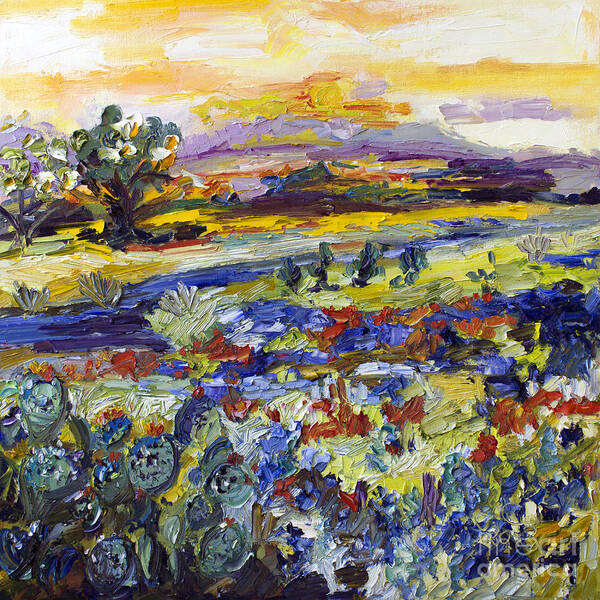Impressionist Landscape Art Print featuring the painting Texas hill Country Bluebonnets and Indian Paintbrush Sunset Landscape by Ginette Callaway