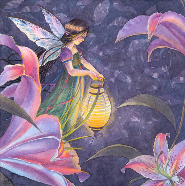 Fairy Art Print featuring the painting Twilight Lilies by Sara Burrier