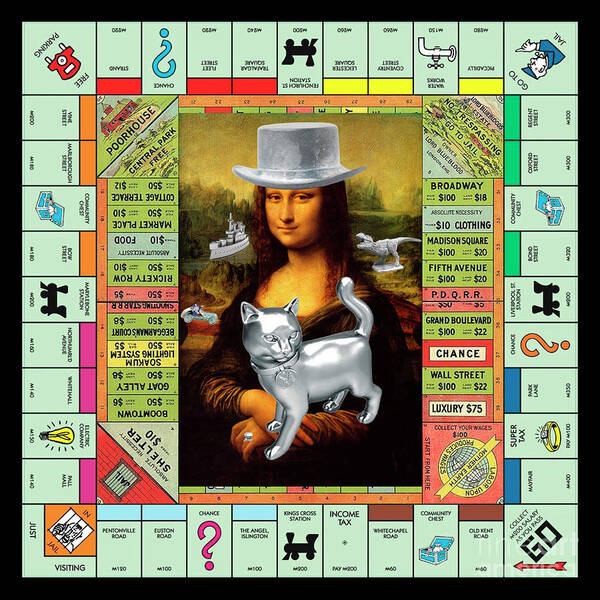 Mona Lisa Art Print featuring the mixed media Monopolisa - Mixed Media Pop Art Collage of Mona Lisa on Old Monopoly Gameboard by Steven Shaver