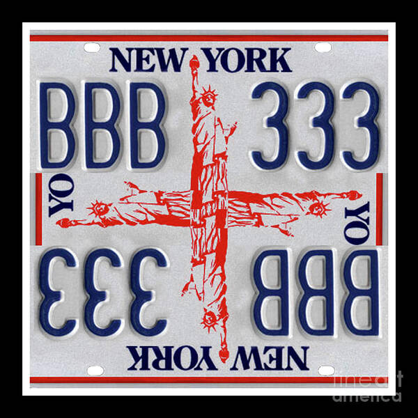 New York Art Print featuring the mixed media NY Statue of Liberty Cross Print - Recycled New York License Plates Art by Steven Shaver