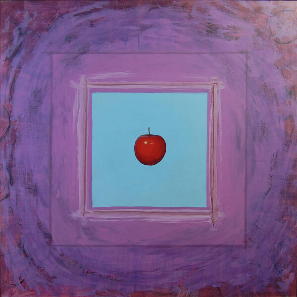 Floating Art Print featuring the painting Red Apple Icon on Blue and Purple Square by Tim Murphy