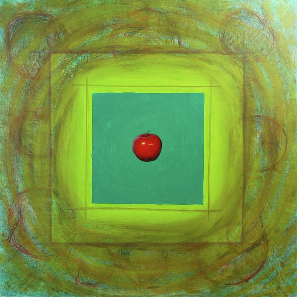 Floating Art Print featuring the painting Red Apple Icon on Green Square by Tim Murphy