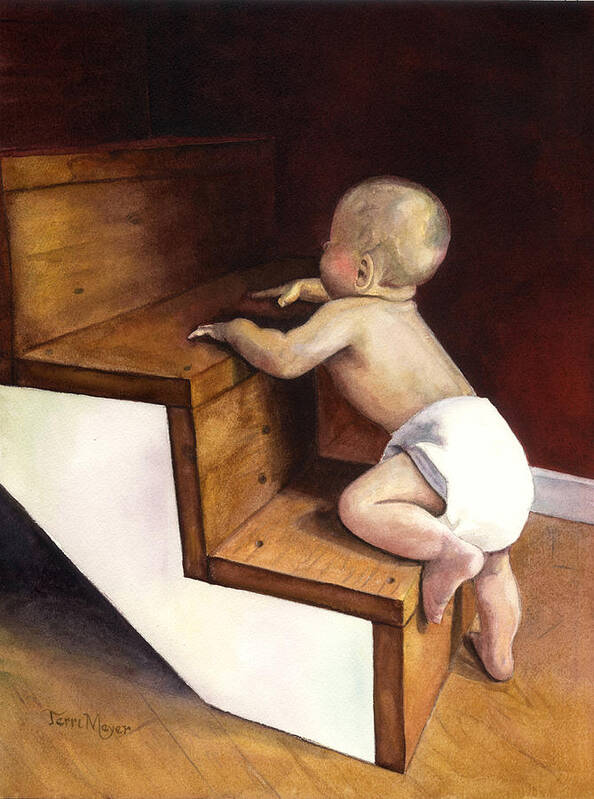 A Baby Climbing A Staircase Painting Art Print featuring the painting A Stairway of Miracles by Terri Meyer
