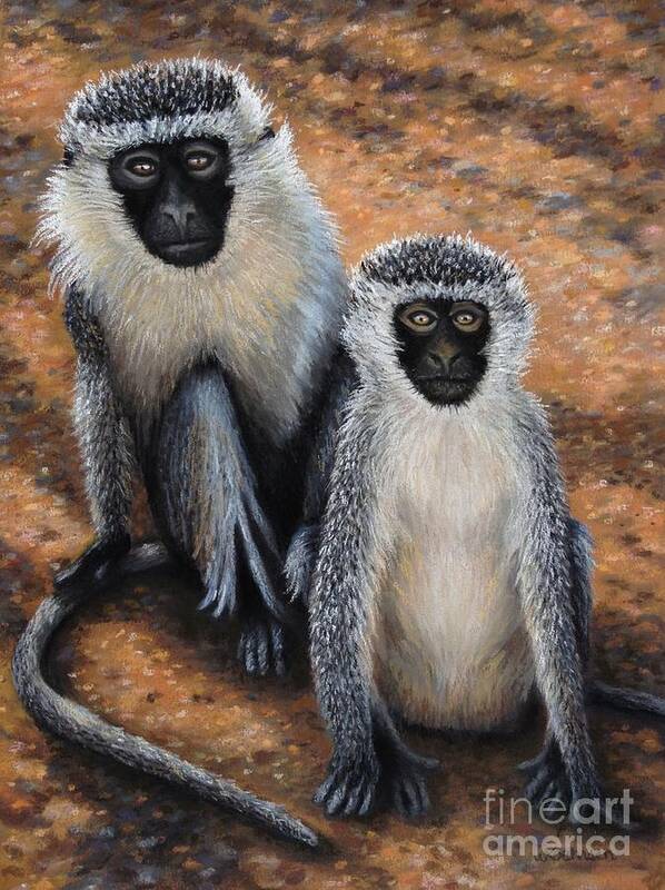 Vervet Monkeys Art Print featuring the pastel Roadside Beggars by Wendy Koehrsen