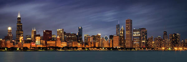 3scape Art Print featuring the photograph Chicago Skyline at Night Color Panoramic by Adam Romanowicz