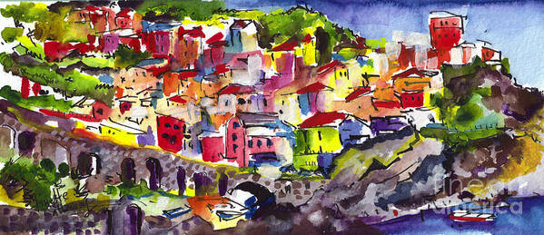 Italy Art Print featuring the painting Manarola Italy Watercolor by Ginette Callaway