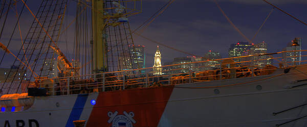 Uscg Art Print featuring the photograph USCG Cutter Eagle and the Boston Skyline Panoramic by Joann Vitali