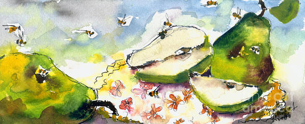 Pears Art Print featuring the painting Pears and Bees by Ginette Callaway