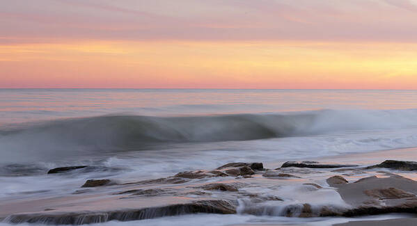 Beach Art Print featuring the photograph Slow Motion Wave At Colorful Sunset by Jo Ann Tomaselli