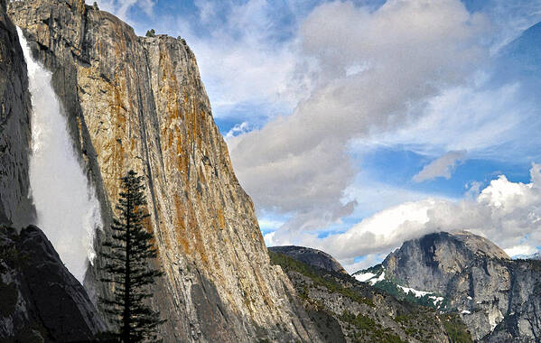 Yosemite Art Print featuring the digital art Upper Yosemite Fall and Cloud-Capped Half Dome by Steven Barrows