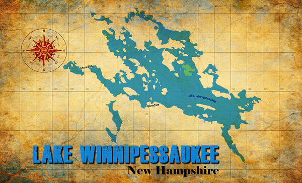 Lake Art Print featuring the digital art Lake Winnipessaukee New Hampshire Vintage Print by Greg Sharpe