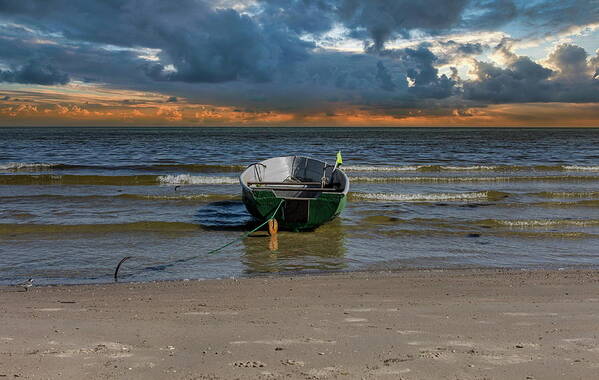 Photography Art Print featuring the photograph Boat And Beach At Sunset Time by Aleksandrs Drozdovs