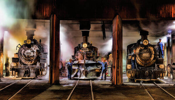 Durango And Silverton Railroad Art Print featuring the painting Durango Silverton Steam Train Roundhouse by Christopher Arndt