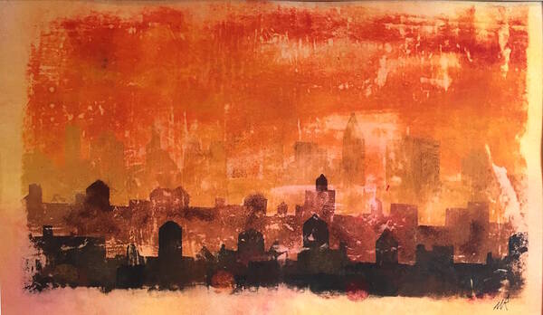 City Skyline Art Print featuring the painting Towers and Tanks by William Renzulli