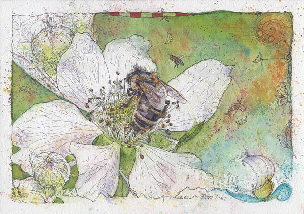Bees Art Print featuring the painting Bees and Blackberries by Petra Rau