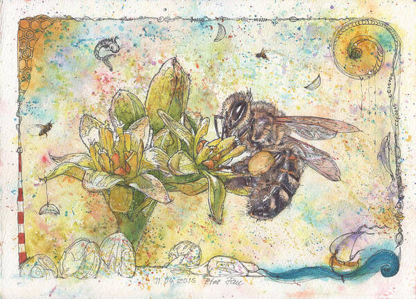 Bees Art Print featuring the painting Bee and Avocado Flowers by Petra Rau