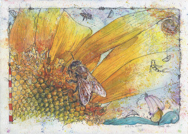 Bees Art Print featuring the painting Bees and Sunflower by Petra Rau