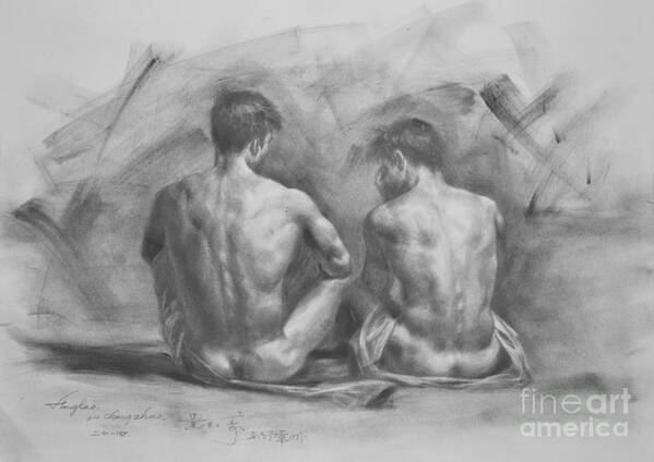 Original Drawing Sketch Charcoal Male Nude Gay Interest Man Body Art Pencil On Paper -0053 by Hongtao Huang
