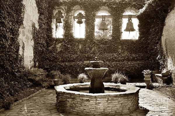  Mission San Juan Capistrano's Sacred Garden That Was Developed In 1920. The Four-bell Campanario Art Print featuring the photograph Bells at Mission San Juan Capistrano California 1925 by Monterey County Historical Society