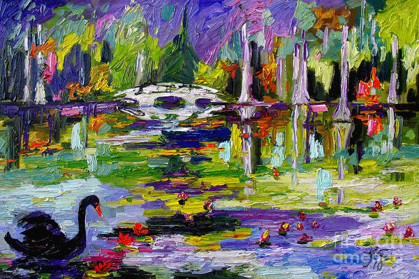 Pond Art Print featuring the painting Black Swan on Pond by Ginette Callaway