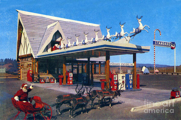 Chevron Gas Station Art Print featuring the photograph Chevron gas station at Santa's Village with reindeer and Carl Hansen by Monterey County Historical Society