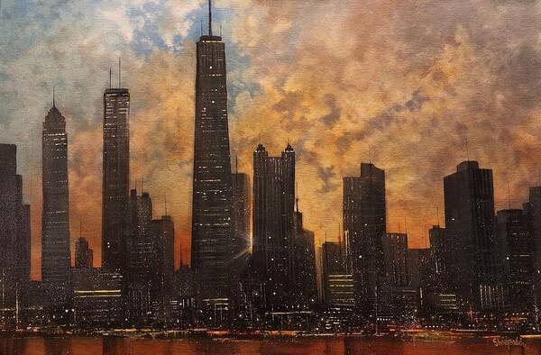 Chicago Art Print featuring the painting Chicago Skyline Silhouette by Tom Shropshire