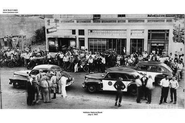 Police Art Print featuring the photograph Motorcycle rally Hollister California July 4, 1947 by Monterey County Historical Society