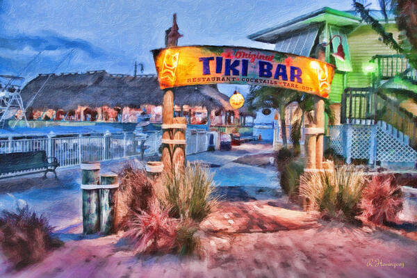 Original Tiki Bar Art Print featuring the photograph Tiki Bar as the sun fades by Richard Hemingway