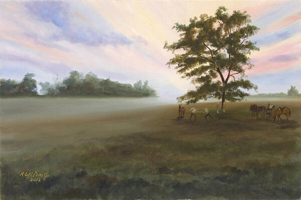 Tree Art Print featuring the painting Duel at Dawn by Karen Wilson