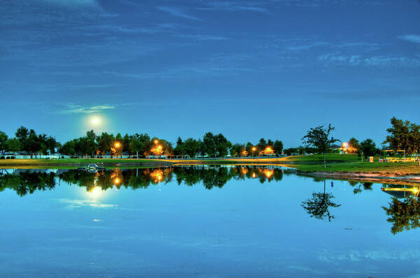 Clouds Art Print featuring the photograph River Walk Park Full Moon Reflection 1 by Connie Cooper-Edwards