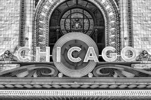 Chicago Art Print featuring the photograph Chicago Theatre Marquee Sign Black and White by Christopher Arndt