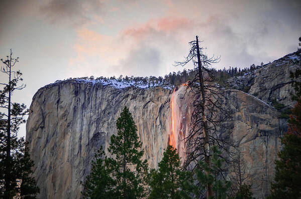 2017conniecooper-edwards Art Print featuring the photograph El Capitan Glowing Horsetail Falls by Connie Cooper-Edwards