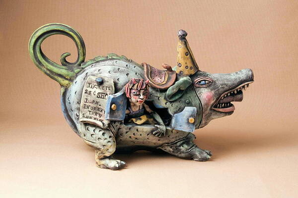 Pottery Teapot Animal Clay Fun Ceramic Art Print featuring the ceramic art Free ride by Kathleen Raven