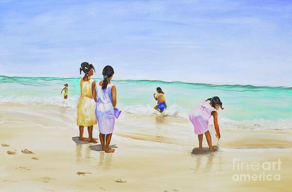 Bahamian Art Print featuring the painting Girls on the beach by Patricia Piffath