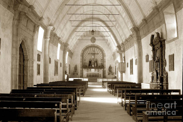 Interior Art Print featuring the photograph Interior Carmel Mission Chapel looking towards the altar Circa 1937 by Monterey County Historical Society