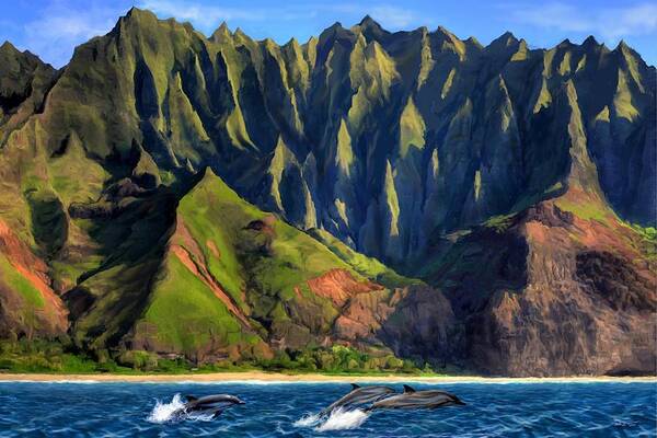 Na Pali Art Print featuring the painting Na Pali Coast with Dolphins by Stephen Jorgensen