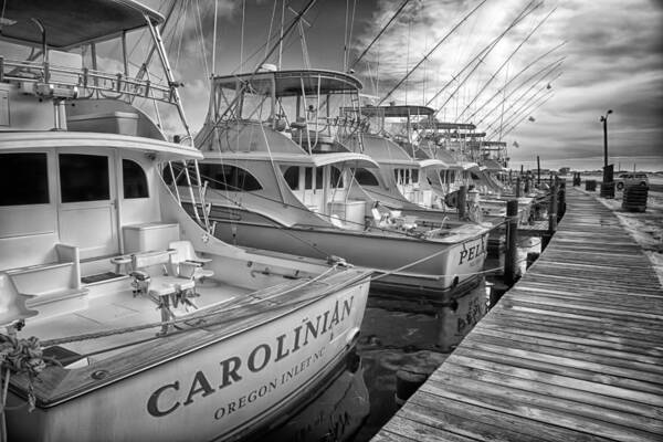 Outer Banks Art Print featuring the photograph Outer Banks Fishing Boats Waiting BW by Dan Carmichael