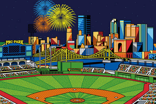 Pnc Park Art Print featuring the digital art PNC Park fireworks by Ron Magnes