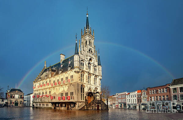 Gouda Art Print featuring the photograph Rainbow over Town Hall Gouda by Casper Cammeraat