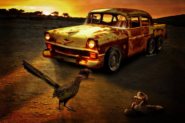 Roadrunner Art Print featuring the photograph Roadrunner The Snake and The 56 Chevy Rat Rod by Chas Sinklier