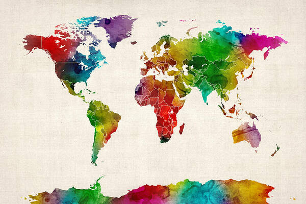 World Map Art Print featuring the digital art Watercolor Map of the World Map by Michael Tompsett