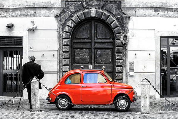 Little Red In Roma Fusion Art Print featuring the photograph Little Red Fiat in Rome Fusion by John Rizzuto