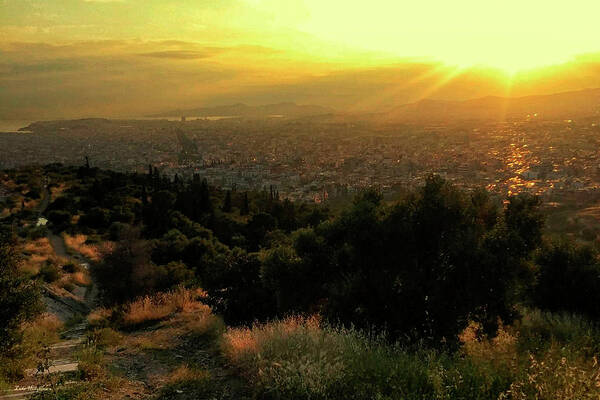 Landscape Art Print featuring the photograph Sunset over Athens Greece by Gerlinde Keating