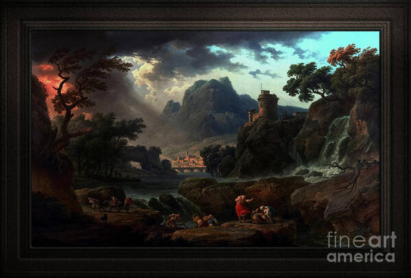 A Mountain Landscape With An Approaching Storm Art Print featuring the painting A Mountain Landscape with an Approaching Storm by Claude Joseph Vernet Classical Fine Art Old Master by Rolando Burbon