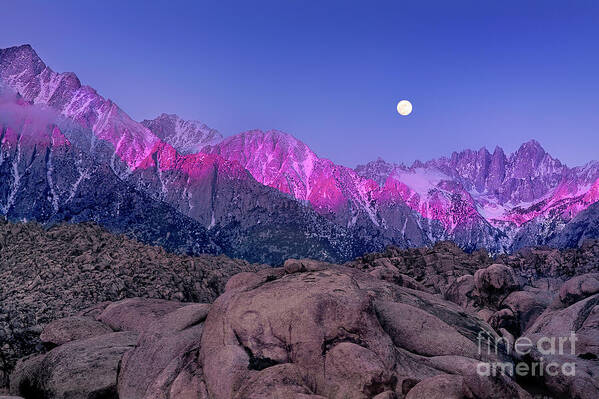 Moon Art Print featuring the photograph Moonset At Dawn Eastern Sierras Alabama Hills California by Dave Welling
