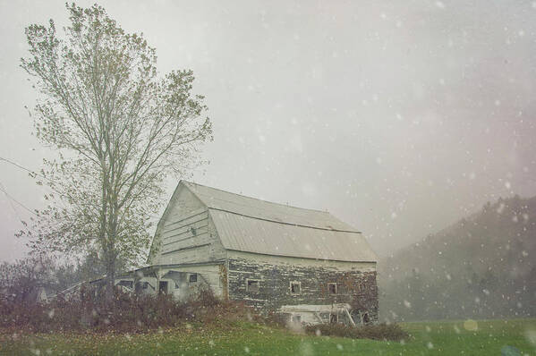 Snow Squall Art Print featuring the photograph Rustic Barn - Snow squall in Granville, VT by Joann Vitali