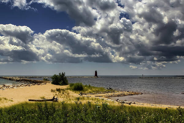 Lake Michigan Art Print featuring the photograph Storm Clouds Over the Manistique Light by Deb Beausoleil