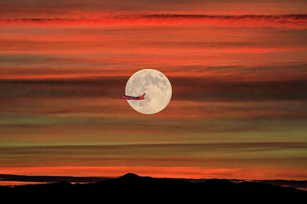 Full Moon Art Print featuring the photograph Sunset Flight With Full Moon by Donna Kennedy