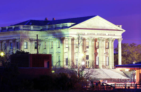 Us Customs House At Night Art Print featuring the photograph US Customs House at Night in Charleston by John Rizzuto