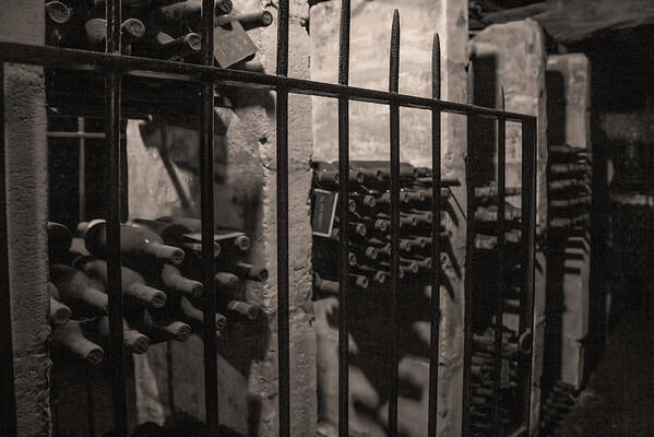 Wine Cellar Bottles Art Print featuring the photograph Wine Cellar Bottles in Sepia by Georgia Clare